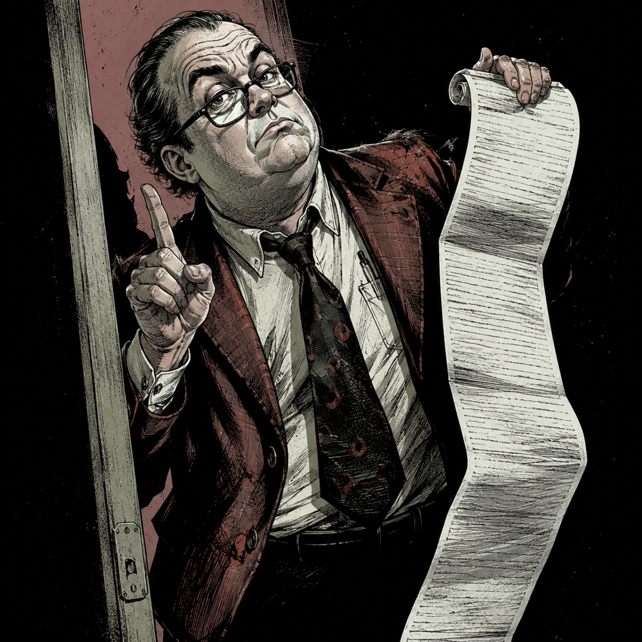 A publisher's lawyer stepping into frame, one finger raised