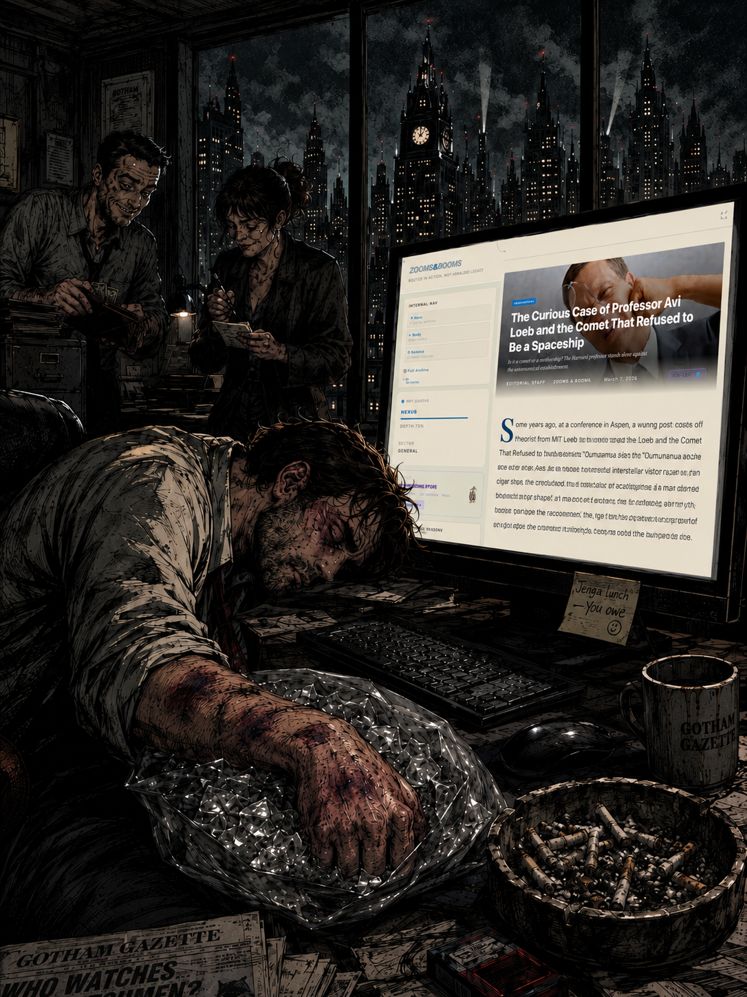 A writer asleep at his desk at 3am, fist packed in ice, monitor still lit