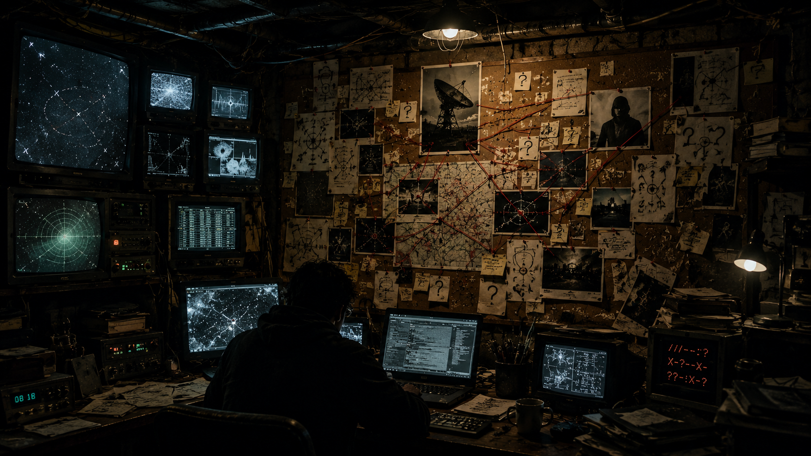 A claustrophobic basement collage of glowing screens and string-and-pin corkboard