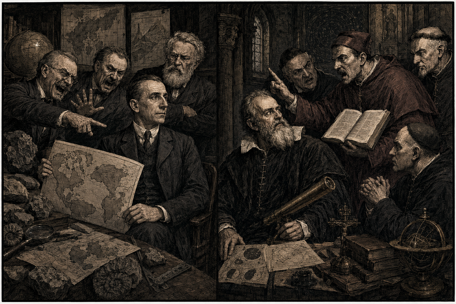 Galileo and Wegener side by side, both jeered at by period crowds