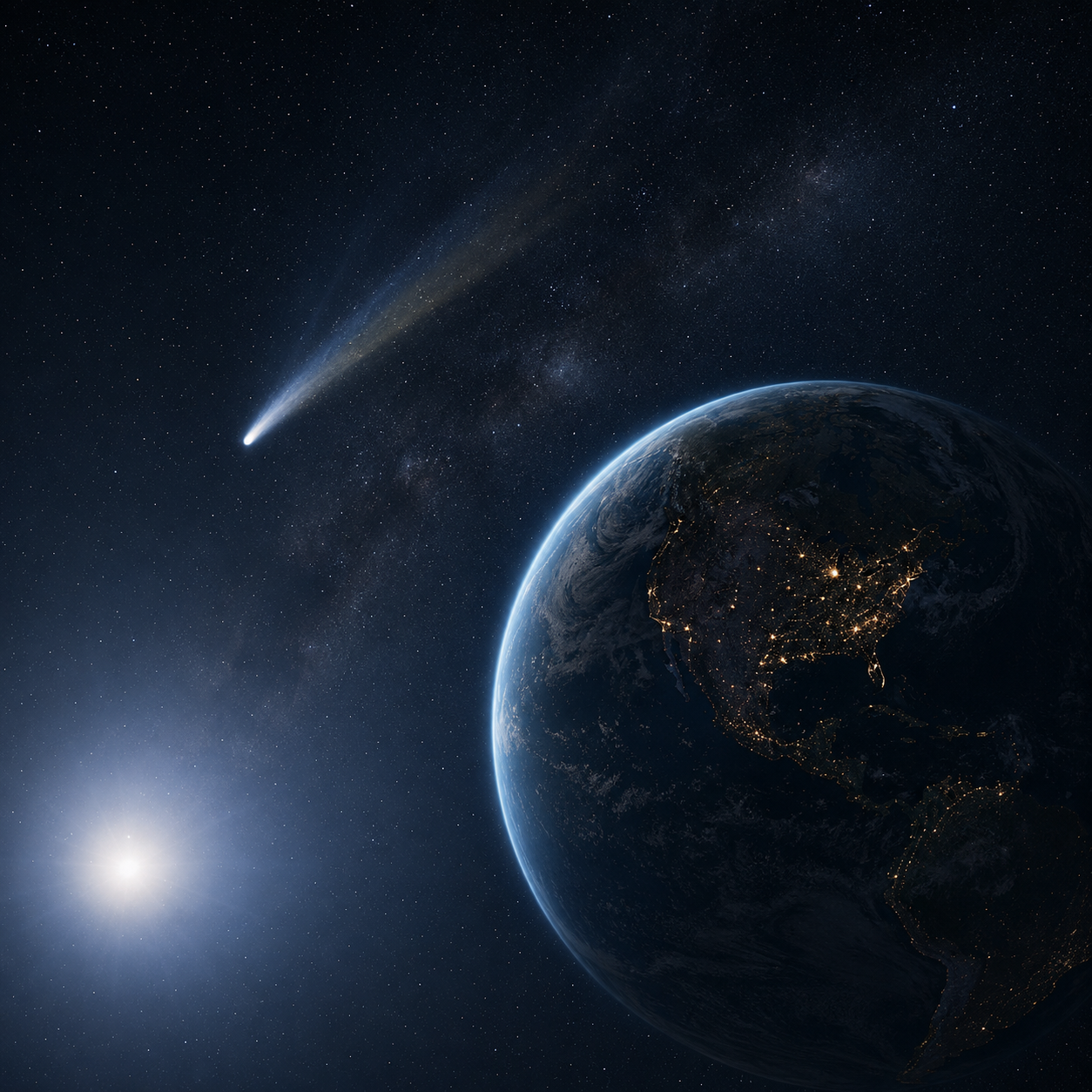 The comet already leaving, small, tail streaming away