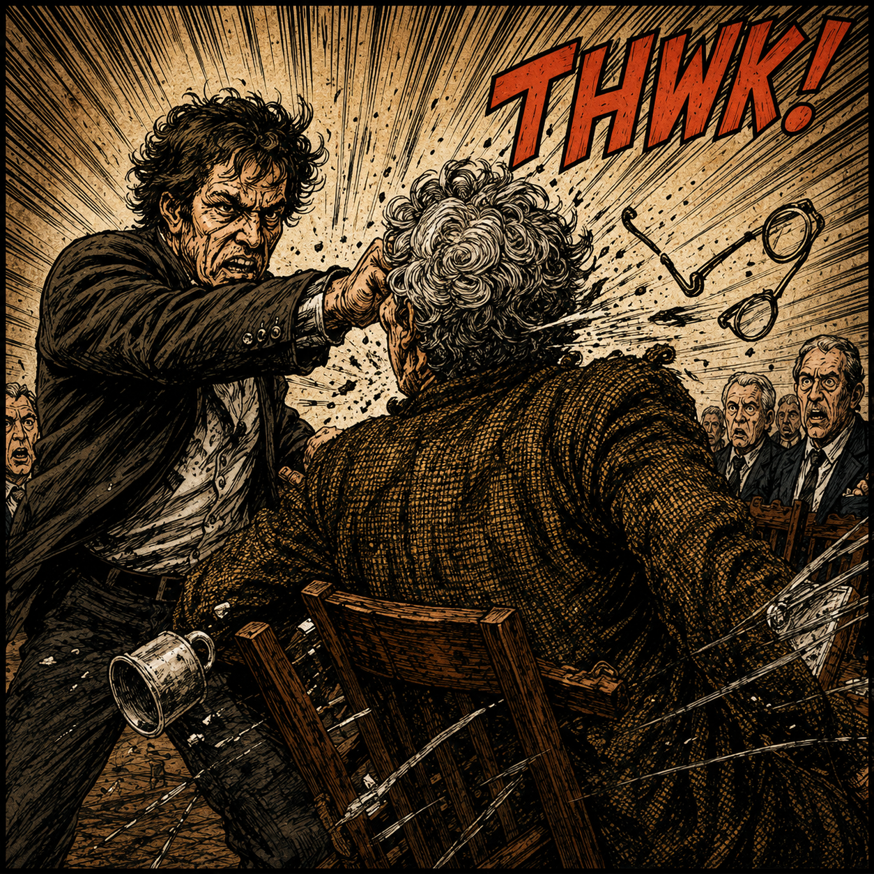 The punch, mid-impact, chairs scattering