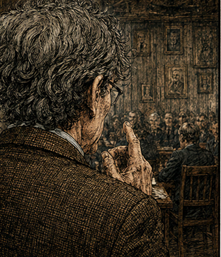 Back of the professor's head, one hand touching his lip