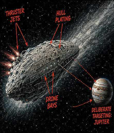 The same silhouette re-read as a mothership, annotated with hull plating and thrusters