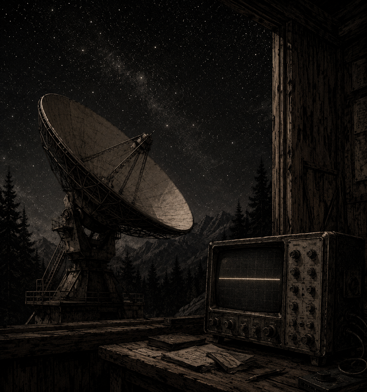 A radio dish pointed at empty sky, oscilloscope flatlined