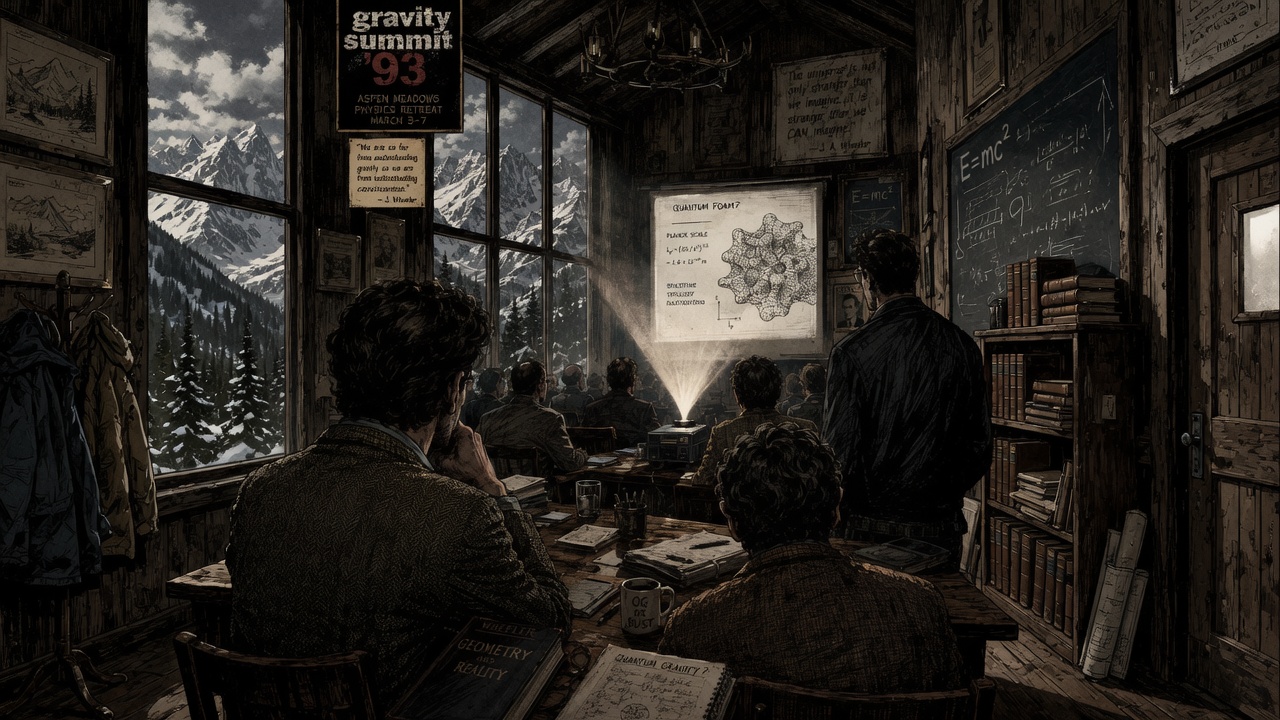 Wide establishing shot of a mountain conference room, rows of seated physicists