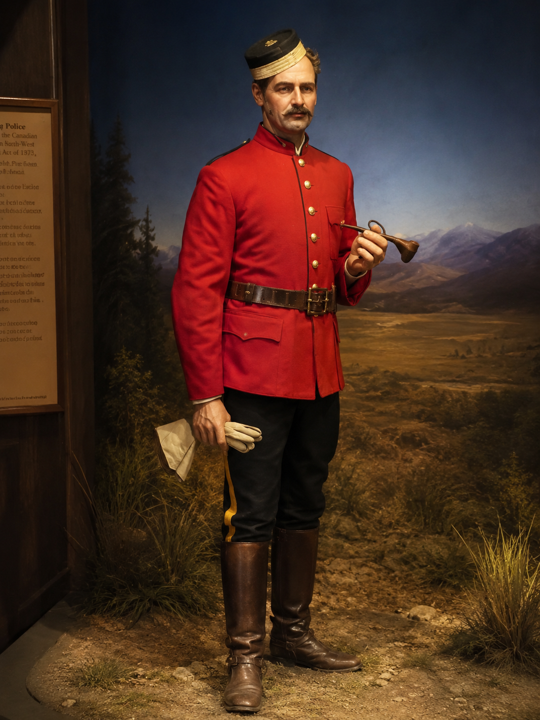 Constable of the North-West Mounted Police in the 1873 pattern scarlet tunic, pillbox cap, dark breeches and riding boots