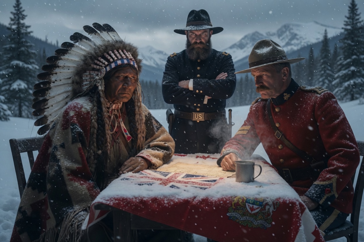 A Mounted Police officer, an American cavalry officer and a Lakota chief seated at a map-covered table in falling snow