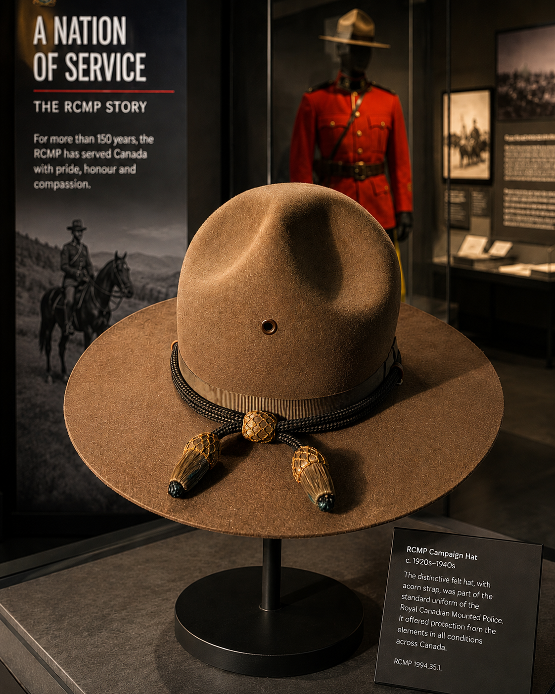 RCMP campaign hat, felt with acorn strap, displayed on a stand in a museum case