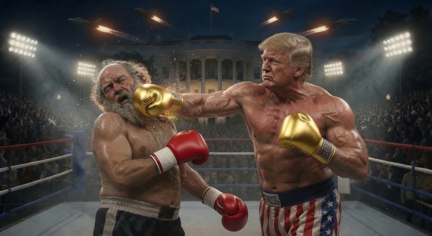 Two figures boxing in a ring on the South Lawn